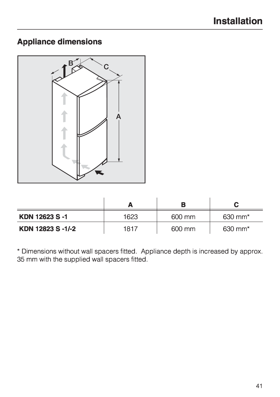 Miele KDN 12623 S-1/-2 Appliance dimensions, Installation, 1623, 600 mm, 630 mm, KDN 12823 S -1/-2, 1817 