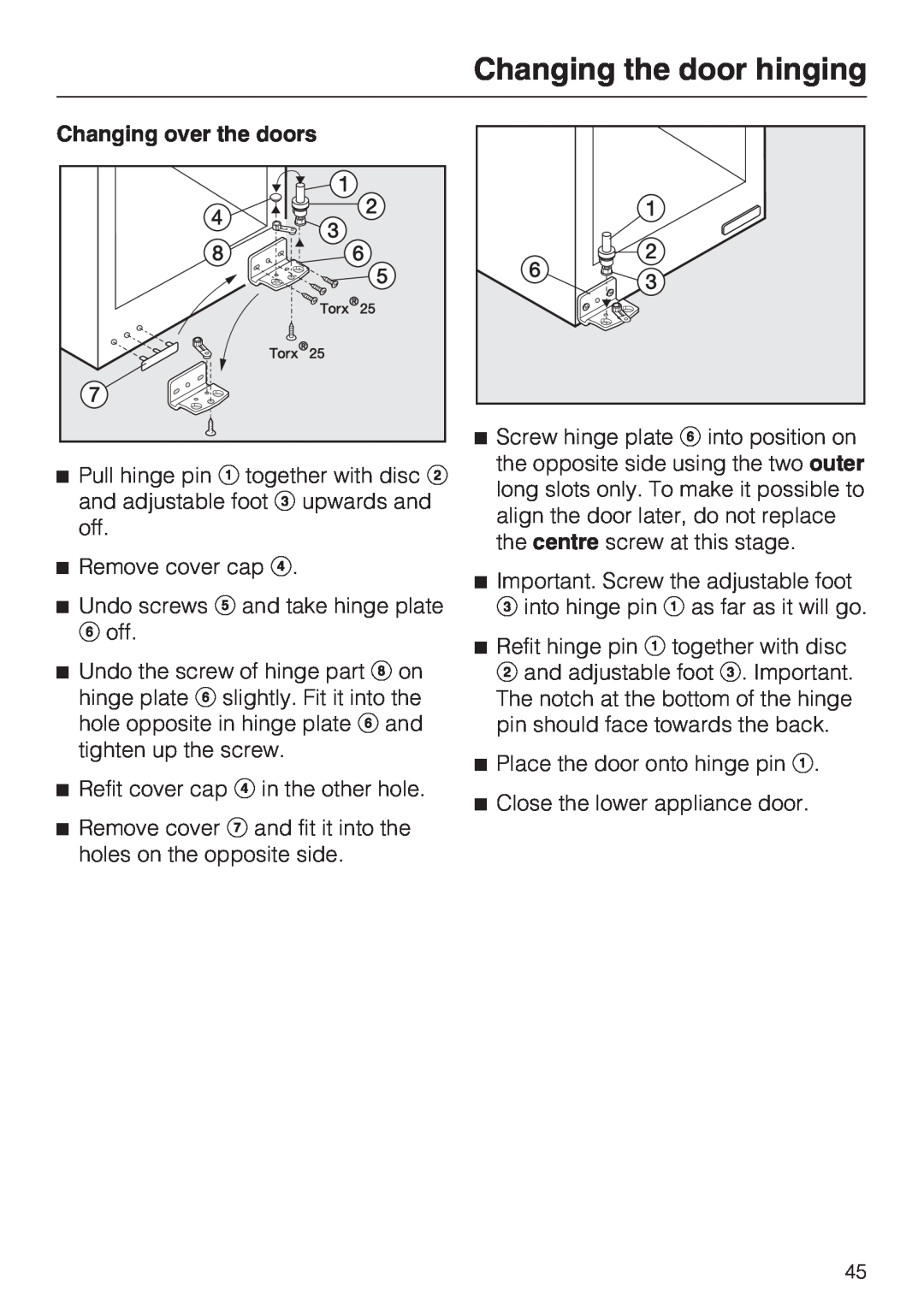 Miele KDN 12623 S-1/-2 installation instructions Changing the door hinging, Changing over the doors 