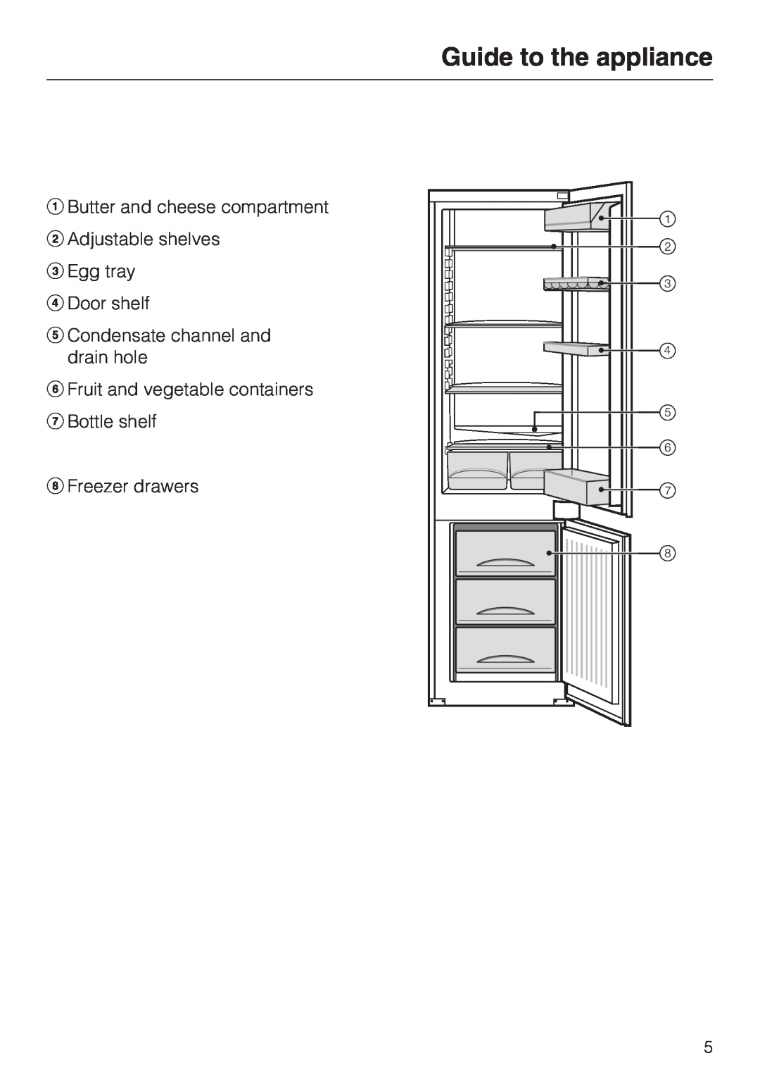 Miele KDN 12623 S-1 Guide to the appliance, Butter and cheese compartment Adjustable shelves, Egg tray Door shelf 