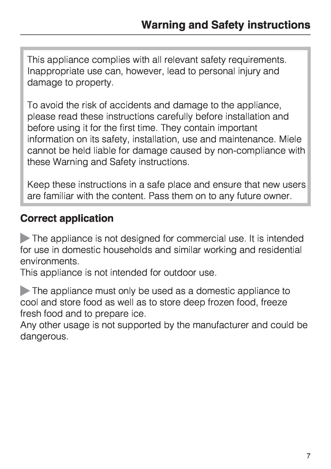 Miele KDN 12623 S-1/-2 installation instructions Warning and Safety instructions, Correct application 