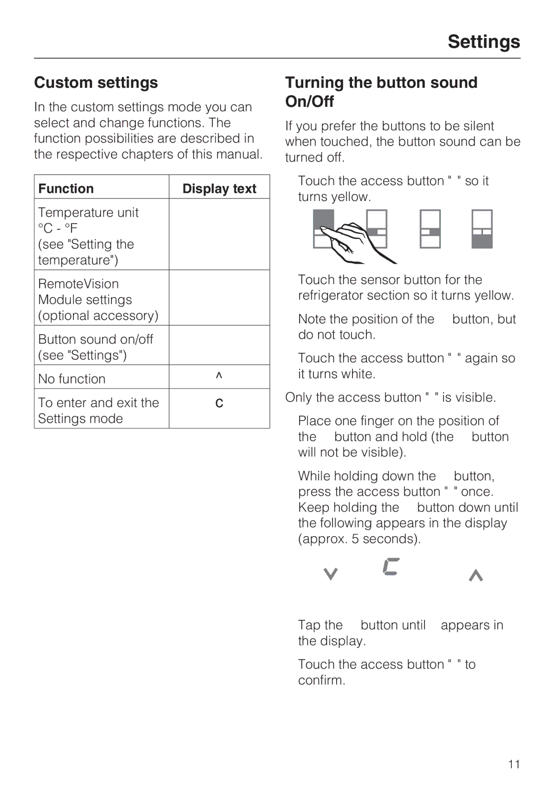 Miele KF 1901 SF, KF 1911 SF, KF 1801 SF, KF 1811 SF Custom settings, Turning the button sound On/Off, Function Display text 