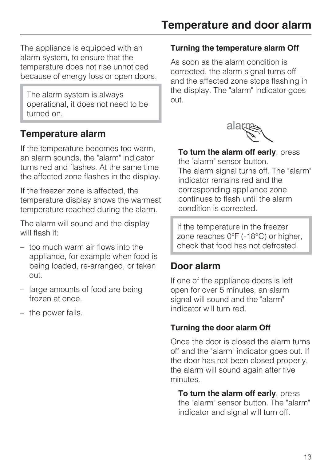 Miele KF 1801 SF, KF 1911 SF, KF 1811 SF, KF 1901 SF Temperature and door alarm, Temperature alarm, Door alarm 