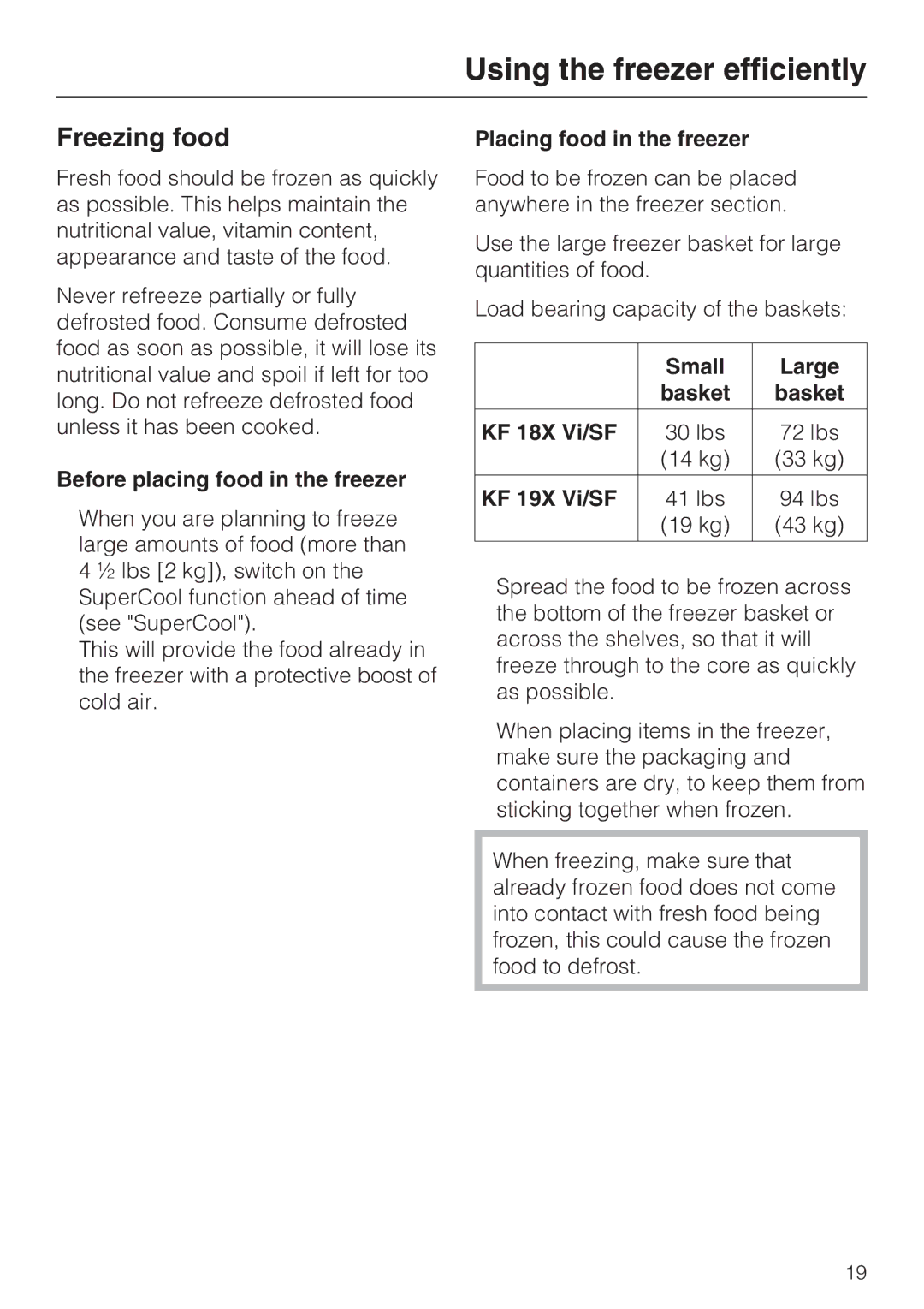 Miele KF 1901 SF, KF 1911 SF, KF 1801 SF, KF 1811 SF installation instructions Using the freezer efficiently, Freezing food 