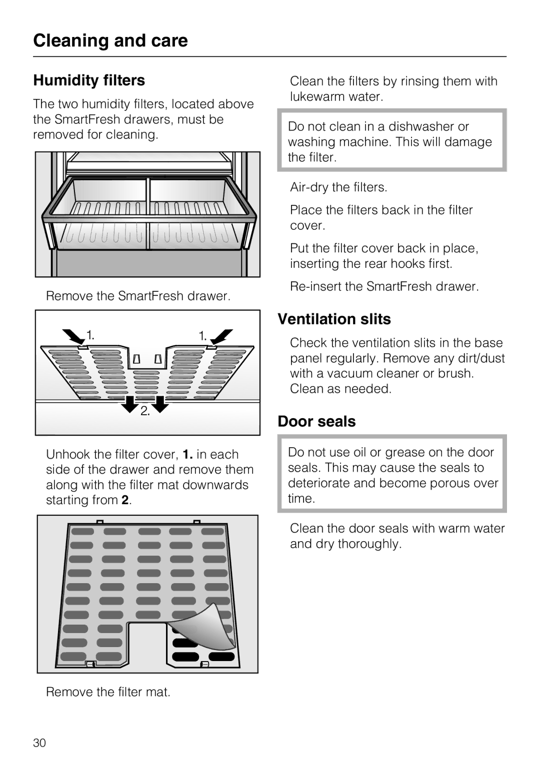 Miele KF 1811 SF, KF 1911 SF, KF 1801 SF, KF 1901 SF installation instructions Humidity filters, Ventilation slits, Door seals 