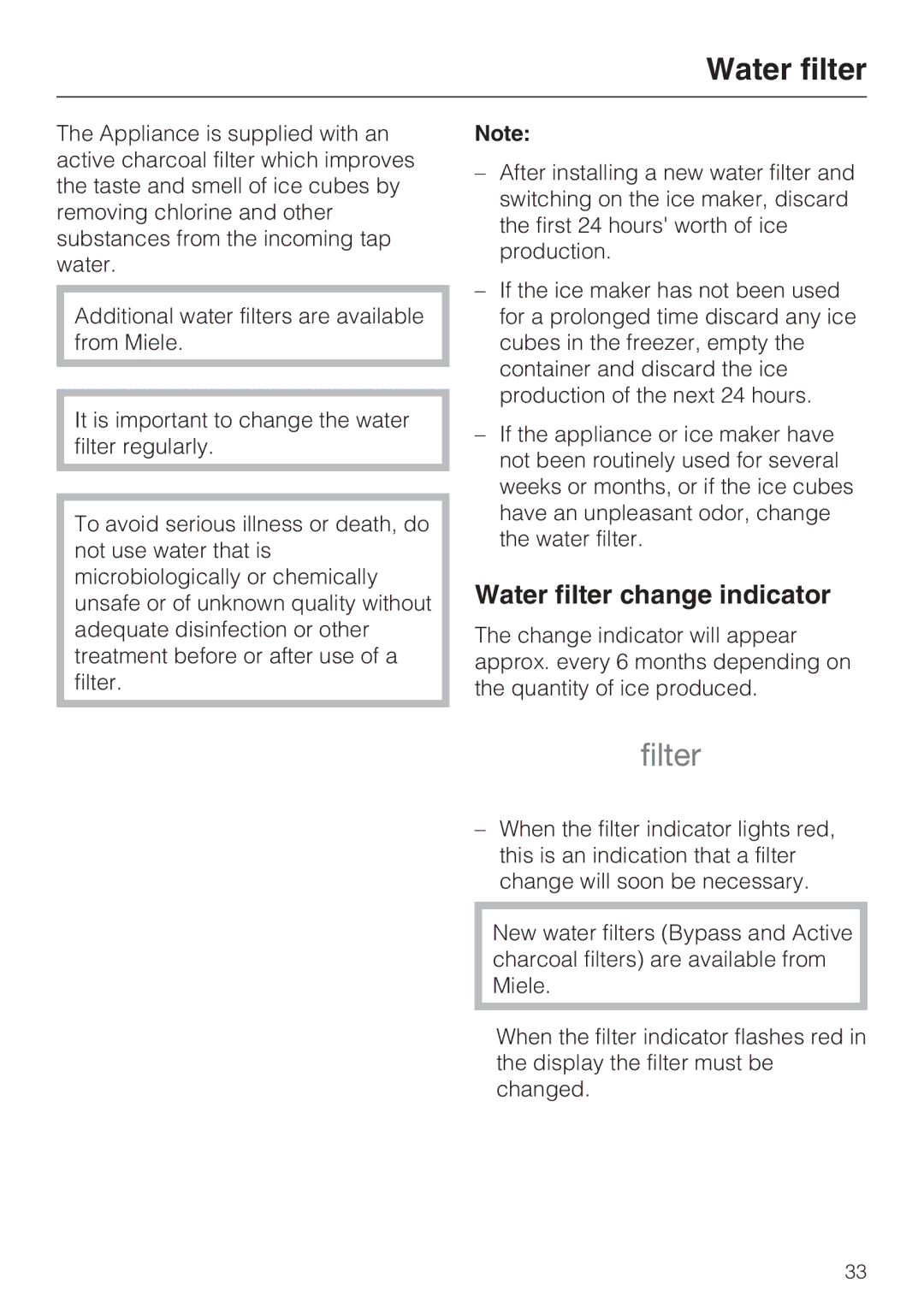 Miele KF 1801 SF, KF 1911 SF, KF 1811 SF, KF 1901 SF installation instructions Water filter change indicator 