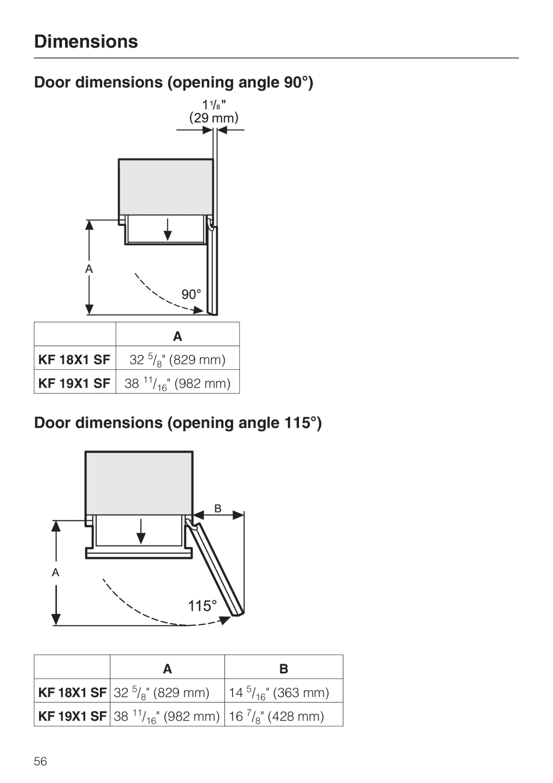 Miele KF 1911 SF, KF 1801 SF, KF 1811 SF, KF 1901 SF Dimensions, Door dimensions opening angle, KF 18X1 SF, KF 19X1 SF 