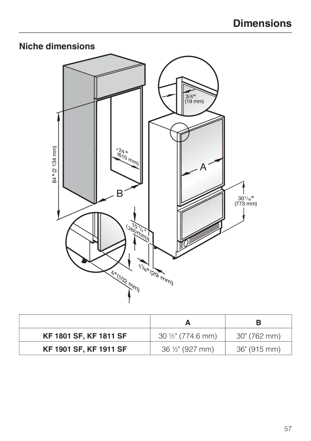 Miele KF 1801 SF, KF 1911 SF, KF 1811 SF, KF 1901 SF installation instructions Niche dimensions 