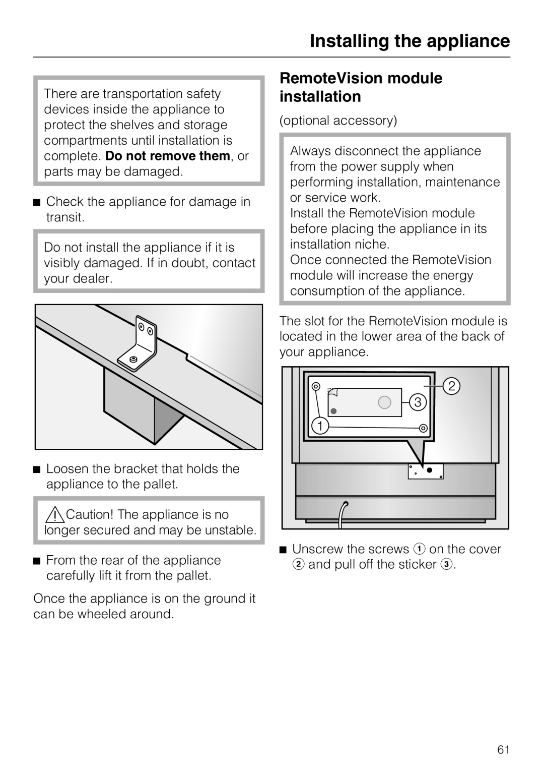 Miele KF 1801 SF, KF 1911 SF, KF 1811 SF, KF 1901 SF installation instructions RemoteVision module installation 