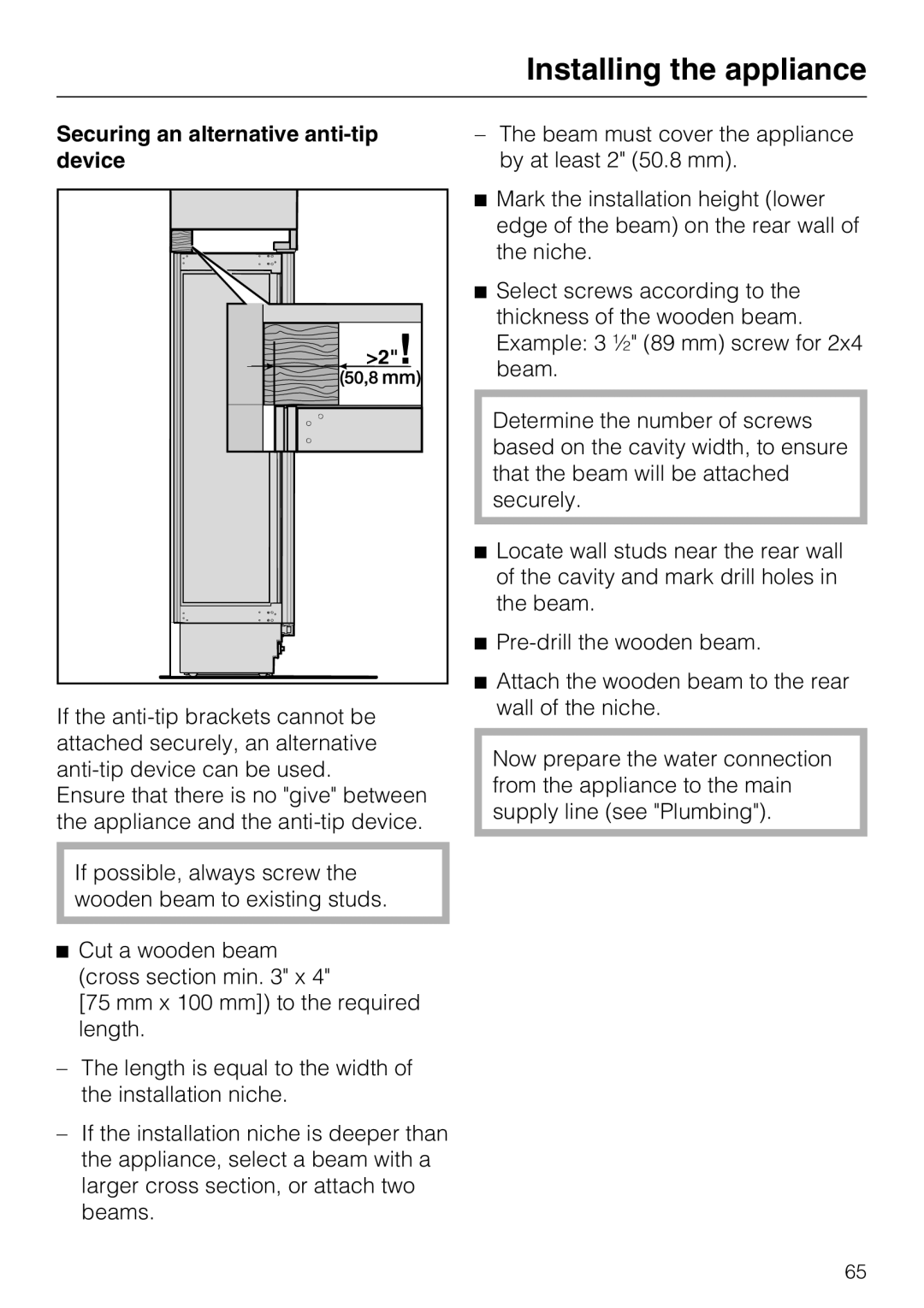 Miele KF 1801 SF, KF 1911 SF, KF 1811 SF, KF 1901 SF installation instructions Securing an alternative anti-tip device 