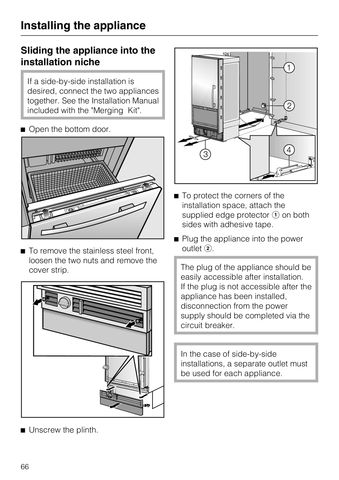 Miele KF 1811 SF, KF 1911 SF, KF 1801 SF, KF 1901 SF Sliding the appliance into the installation niche 