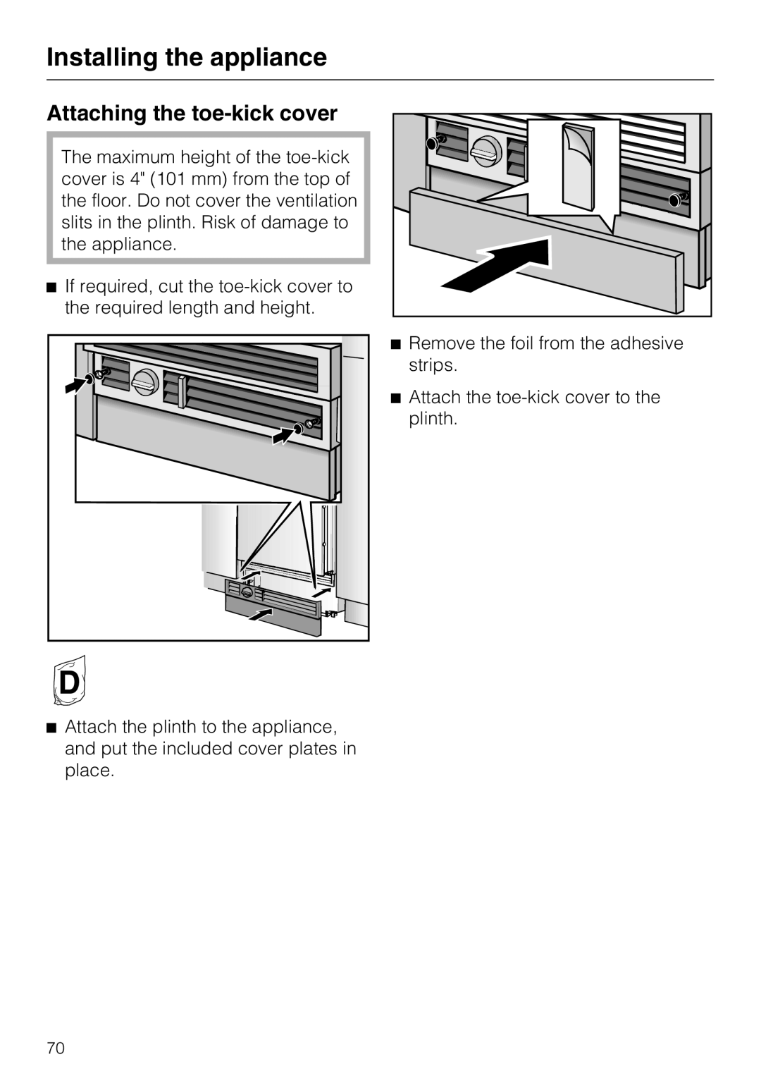 Miele KF 1811 SF, KF 1911 SF, KF 1801 SF, KF 1901 SF installation instructions Attaching the toe-kick cover 