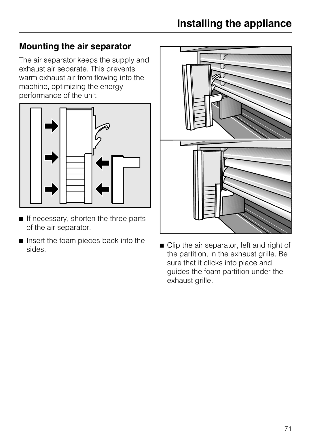 Miele KF 1901 SF, KF 1911 SF, KF 1801 SF, KF 1811 SF installation instructions Mounting the air separator 