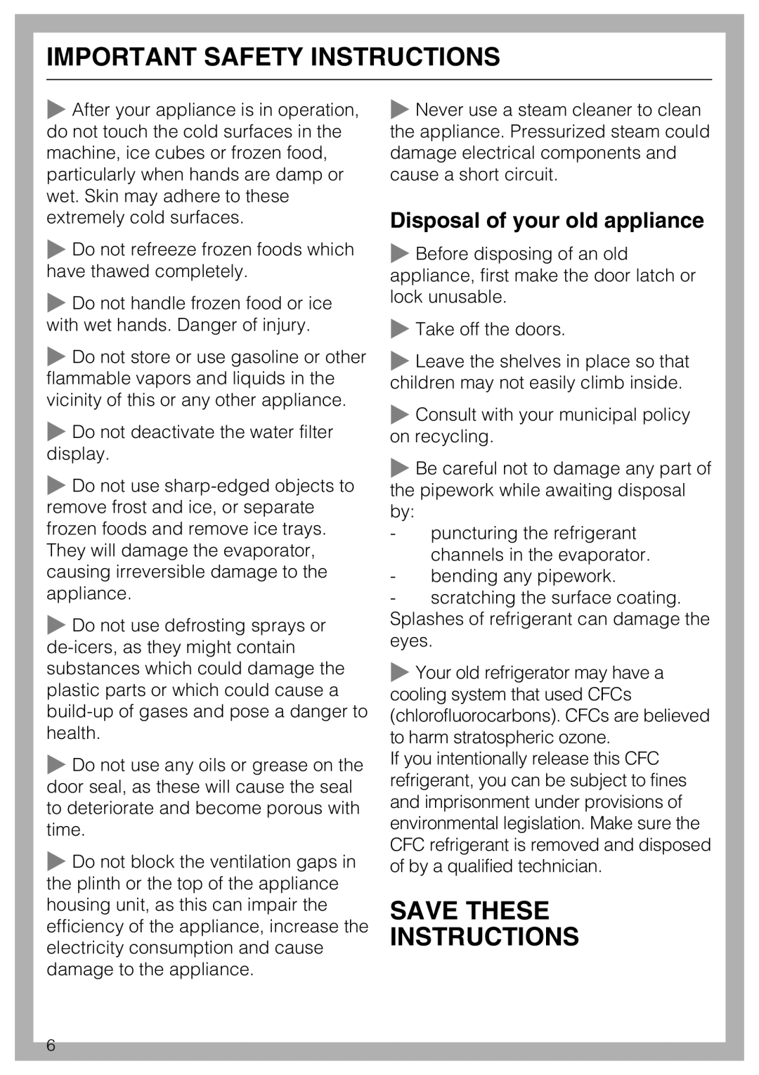 Miele KF 1811 SF, KF 1911 SF Save These Instructions, Disposal of your old appliance, Important Safety Instructions 