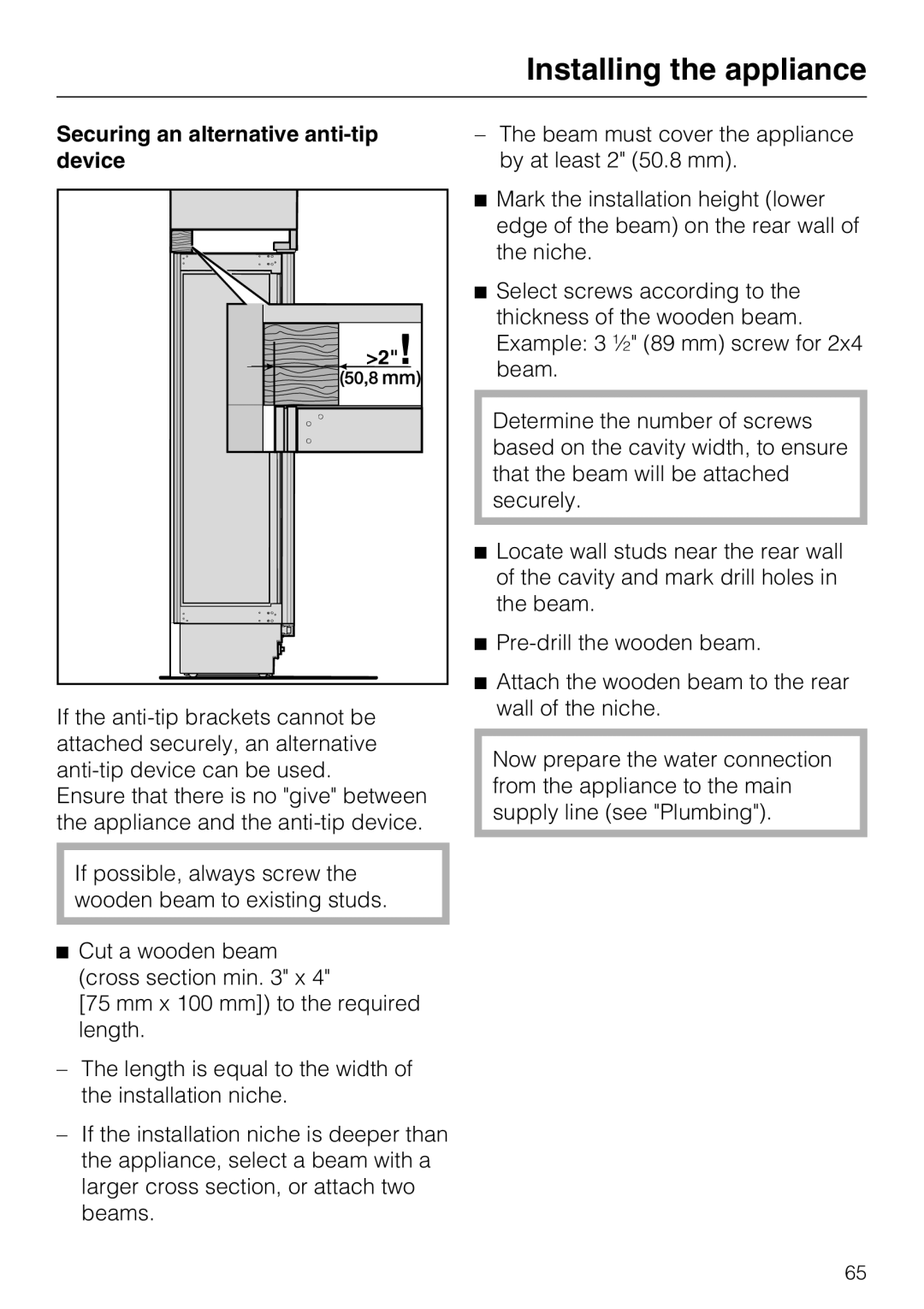 Miele KF 1801 SF, KF 1911 SF, KF 1811 SF, KF 1901 SF Installing the appliance, Securing an alternative anti-tipdevice 
