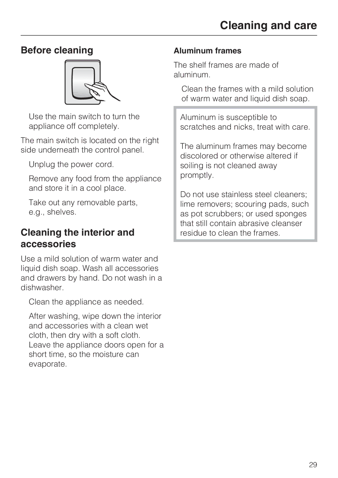 Miele KF 1801 Vi, KF 1911 Vi, KF 1901 Vi, KF 1811 Vi Before cleaning, Cleaning the interior and accessories, Aluminum frames 