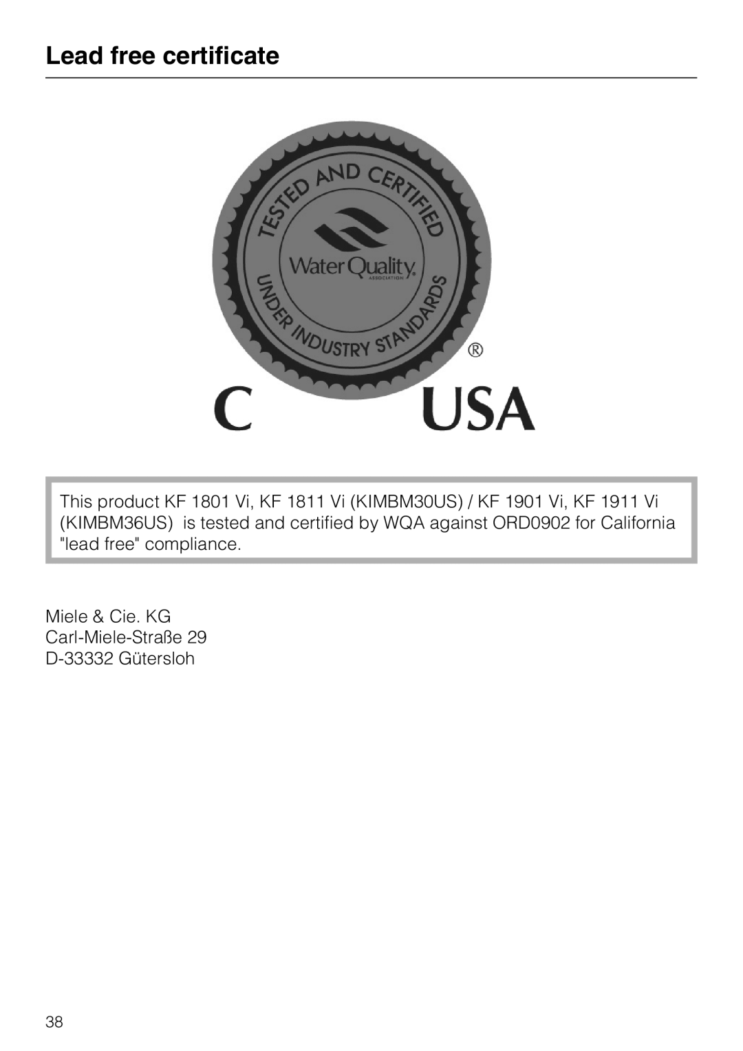 Miele KF 1901 Vi, KF 1911 Vi, KF 1801 Vi, KF 1811 Vi installation instructions Lead free certificate 