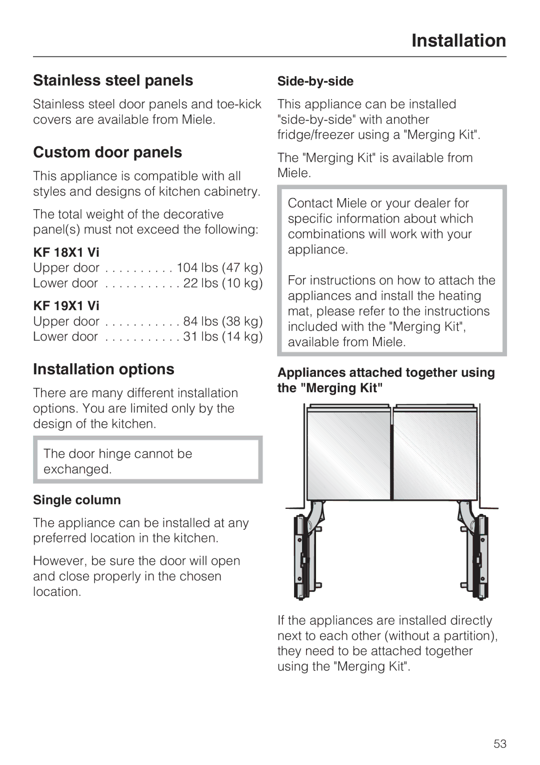 Miele KF 1801 Vi, KF 1911 Vi, KF 1901 Vi, KF 1811 Vi Stainless steel panels, Custom door panels, Installation options 