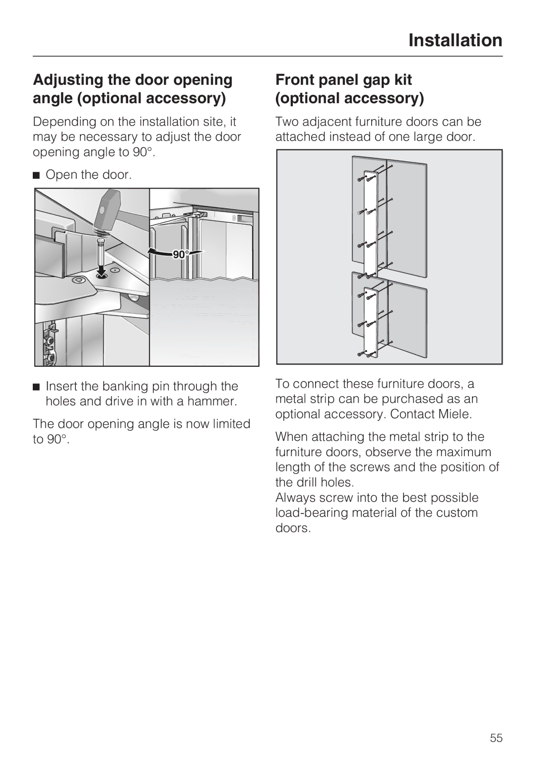 Miele KF 1811 Vi, KF 1911 Vi Adjusting the door opening angle optional accessory, Front panel gap kit optional accessory 