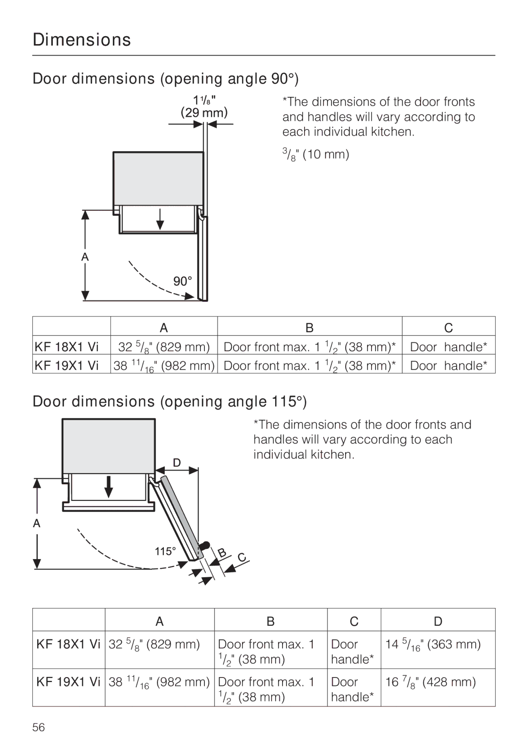 Miele KF 1911 Vi, KF 1801 Vi, KF 1901 Vi, KF 1811 Vi installation instructions Dimensions, Door dimensions opening angle 