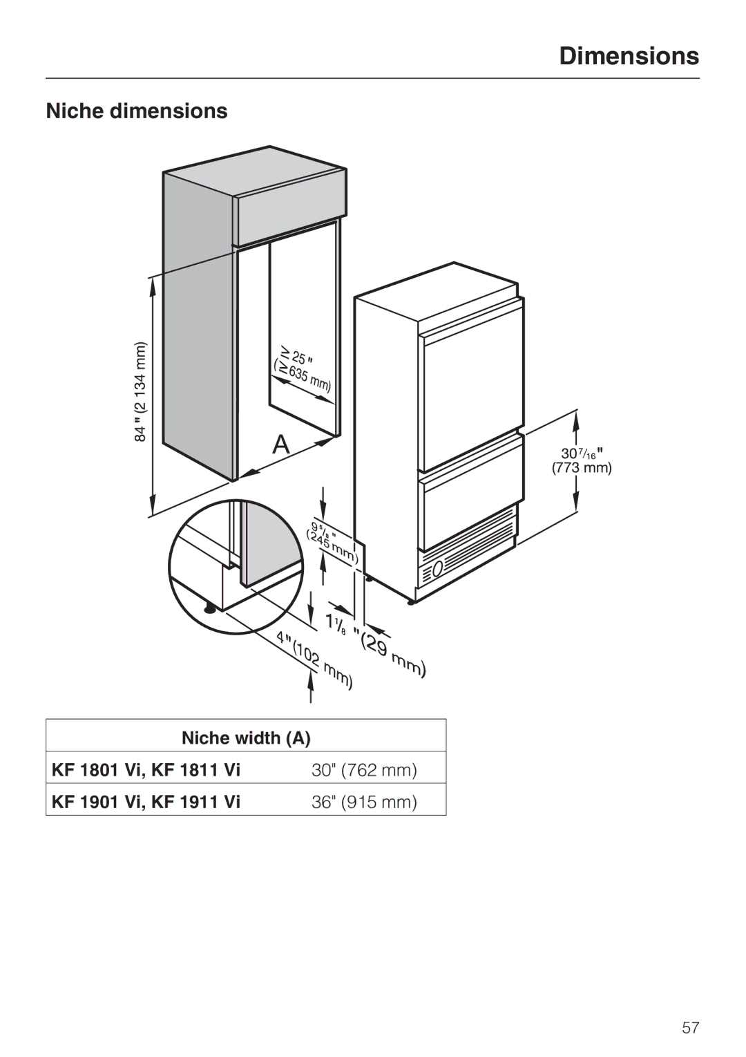 Miele KF 1801 Vi, KF 1911 Vi, KF 1901 Vi, KF 1811 Vi installation instructions Niche dimensions 