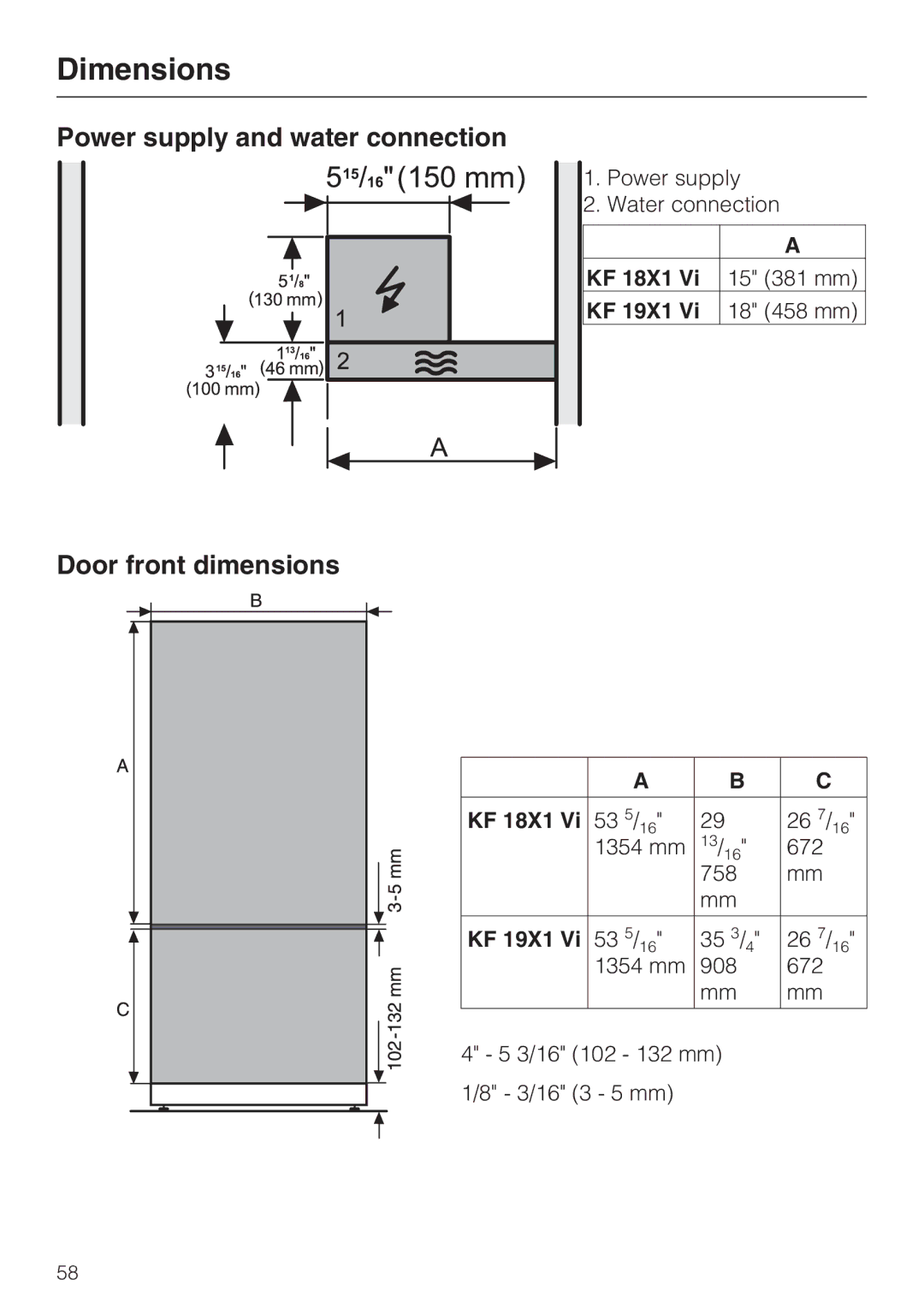 Miele KF 1901 Vi, KF 1911 Vi, KF 1801 Vi, KF 1811 Vi Power supply and water connection, Door front dimensions 