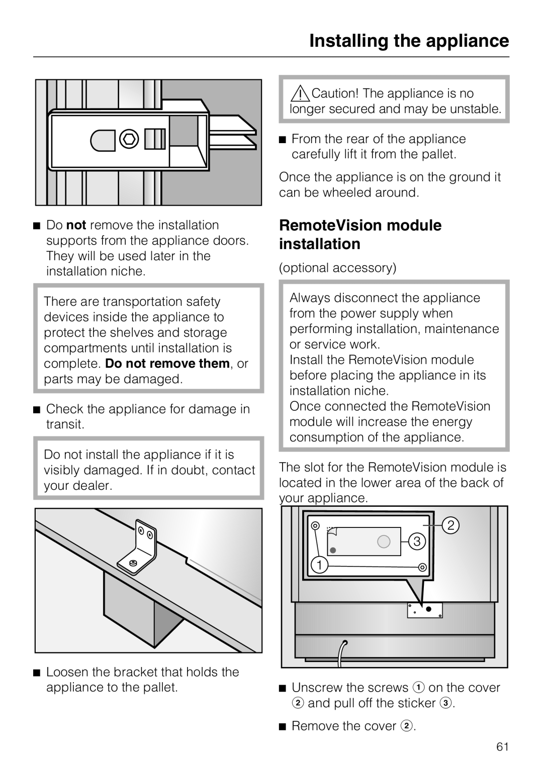 Miele KF 1801 Vi, KF 1911 Vi, KF 1901 Vi, KF 1811 Vi installation instructions RemoteVision module installation 