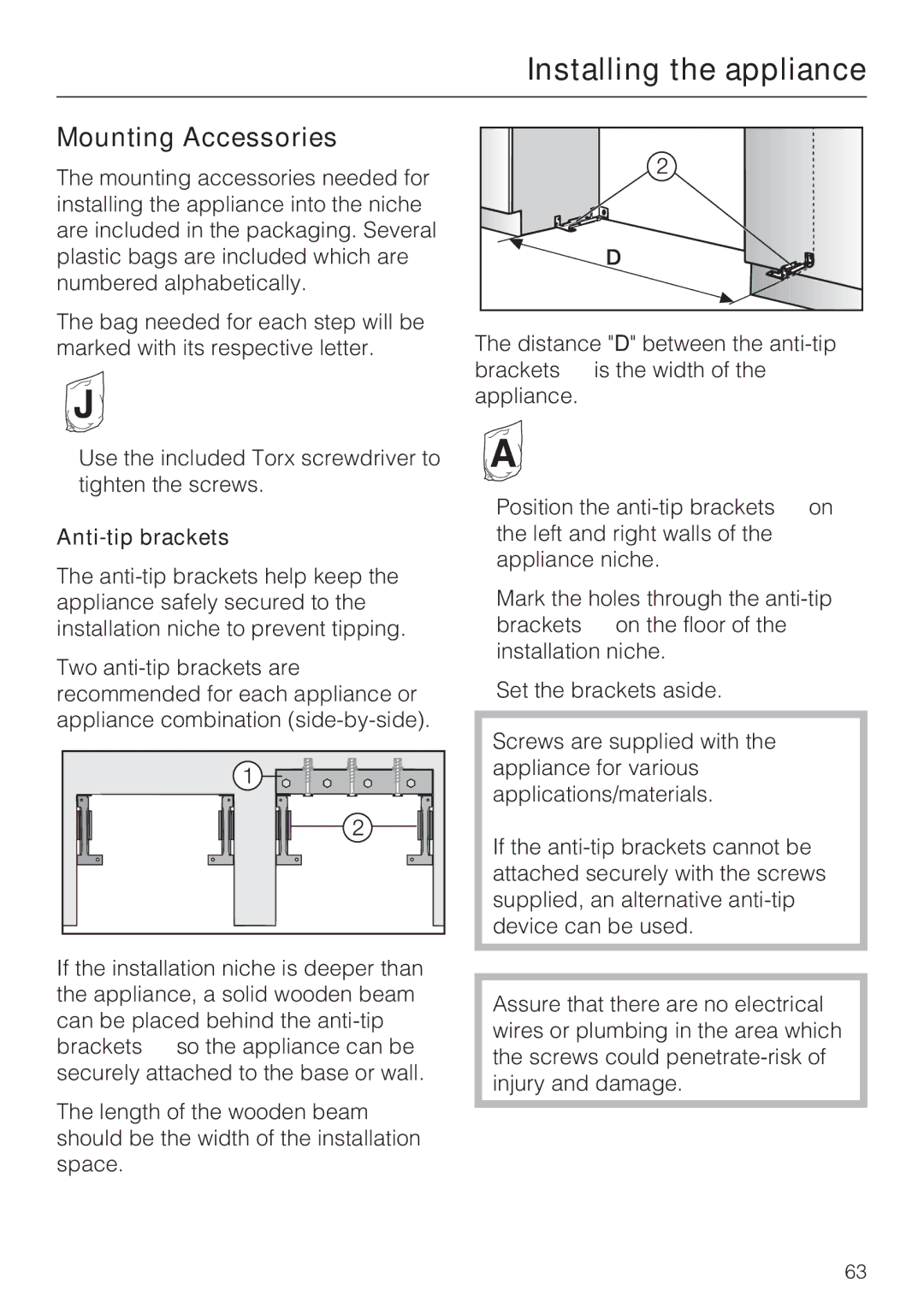 Miele KF 1811 Vi, KF 1911 Vi, KF 1801 Vi, KF 1901 Vi installation instructions Mounting Accessories, Anti-tip brackets 