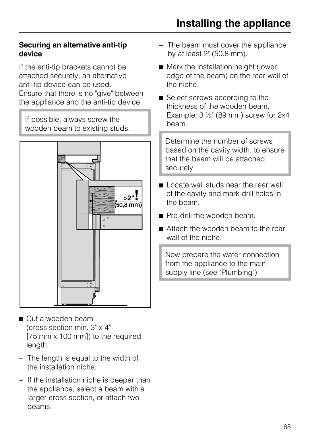 Miele KF 1801 Vi, KF 1911 Vi, KF 1901 Vi, KF 1811 Vi installation instructions Securing an alternative anti-tip device 