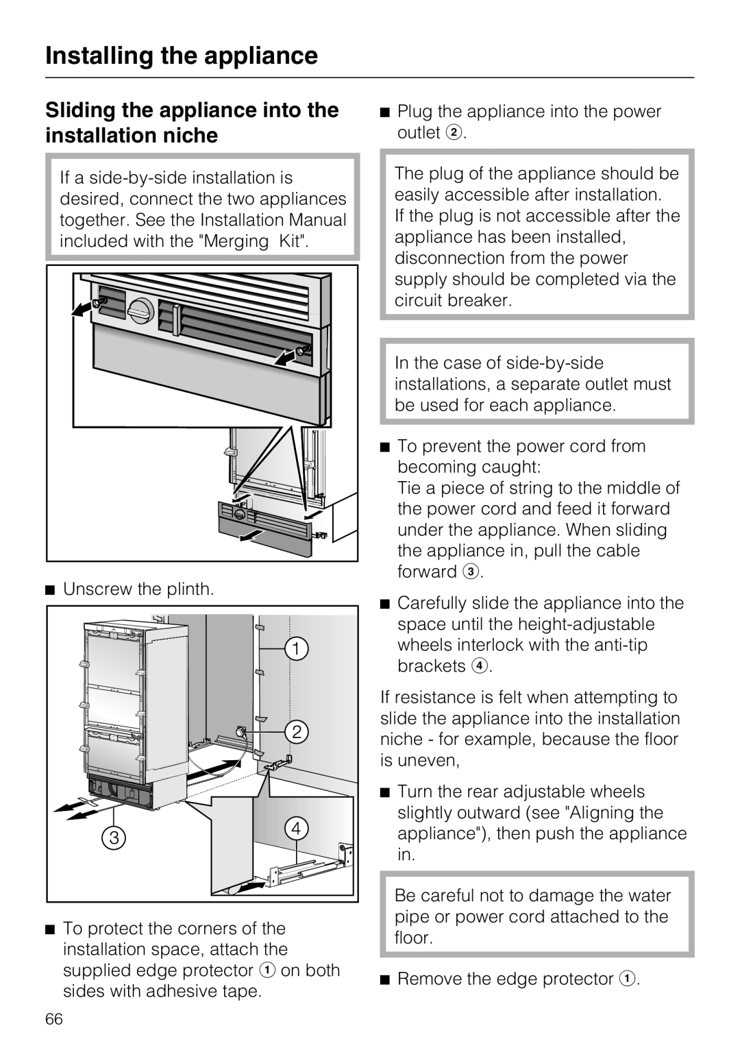 Miele KF 1901 Vi, KF 1911 Vi, KF 1801 Vi, KF 1811 Vi Sliding the appliance into the installation niche 