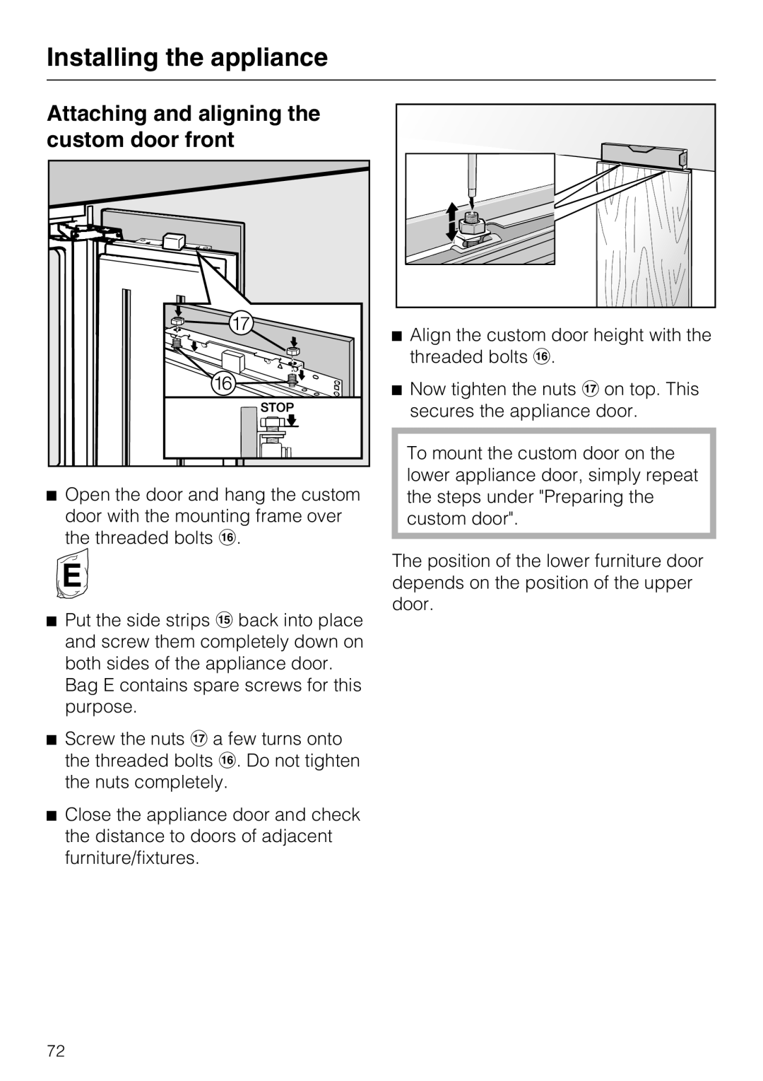 Miele KF 1911 Vi, KF 1801 Vi, KF 1901 Vi, KF 1811 Vi installation instructions Attaching and aligning the custom door front 