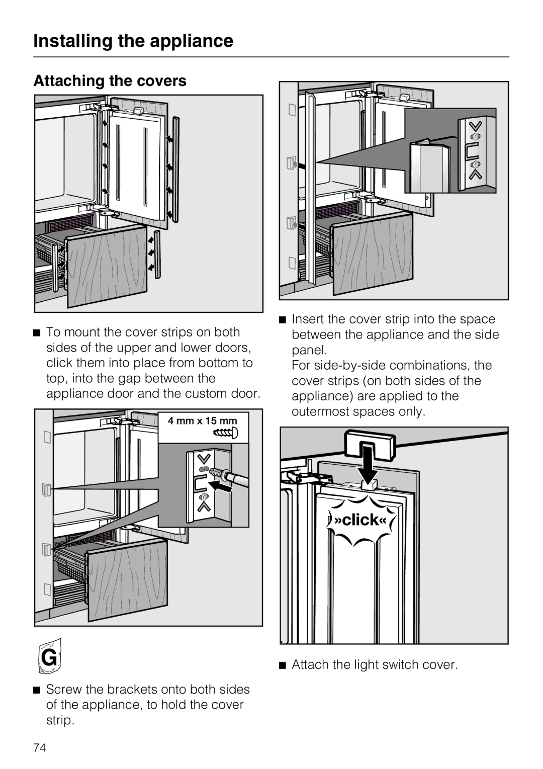 Miele KF 1901 Vi, KF 1911 Vi, KF 1801 Vi, KF 1811 Vi installation instructions Attaching the covers 