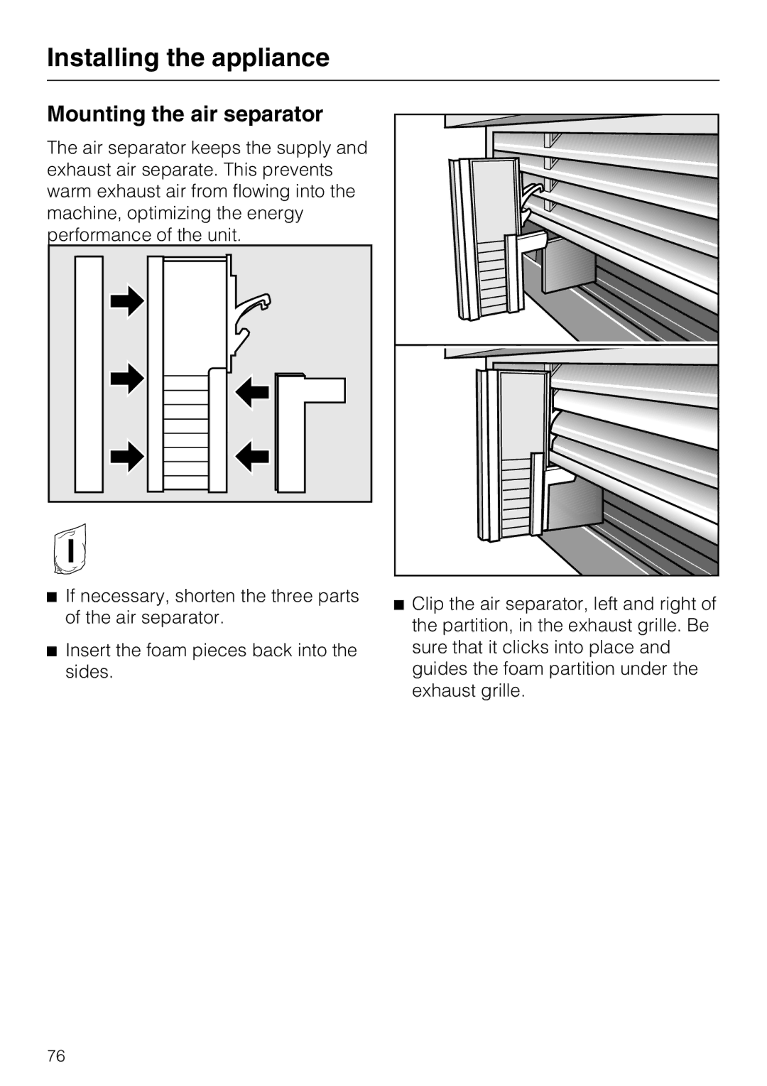 Miele KF 1911 Vi, KF 1801 Vi, KF 1901 Vi, KF 1811 Vi installation instructions Mounting the air separator 