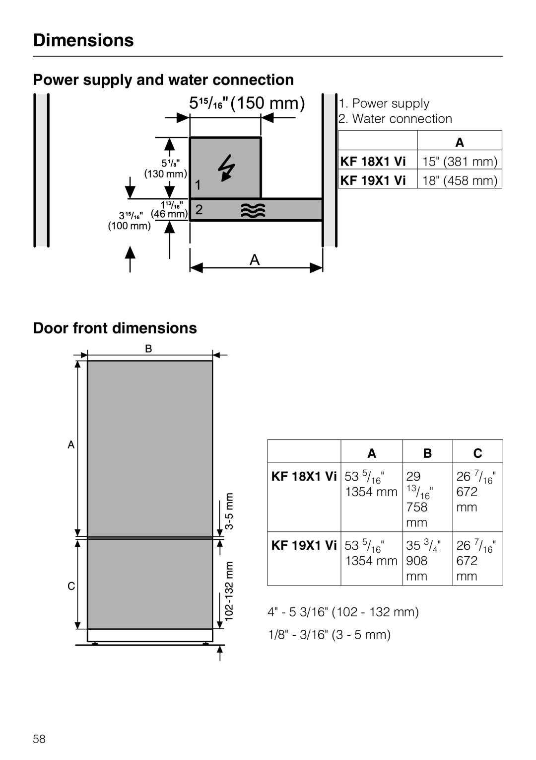 Miele KF 1901 Vi, KF 1911 Vi, KF 1801 Vi, KF 1811 Vi Power supply and water connection, Door front dimensions, Dimensions 