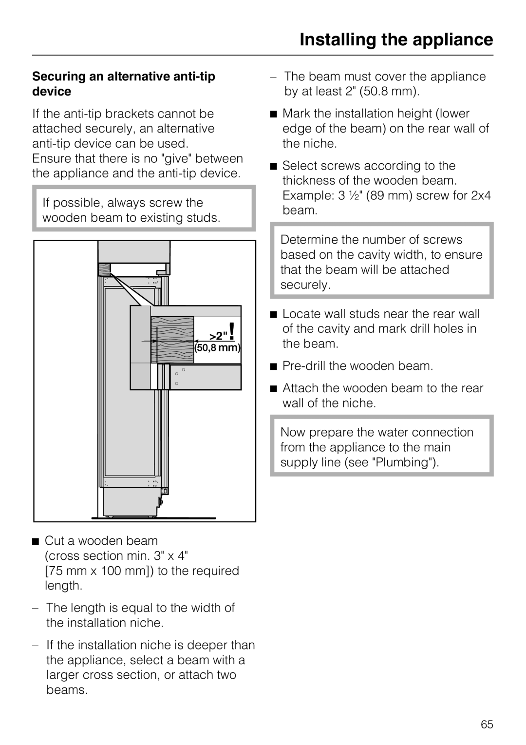 Miele KF 1801 Vi, KF 1911 Vi, KF 1901 Vi, KF 1811 Vi Installing the appliance, Securing an alternative anti-tip device 