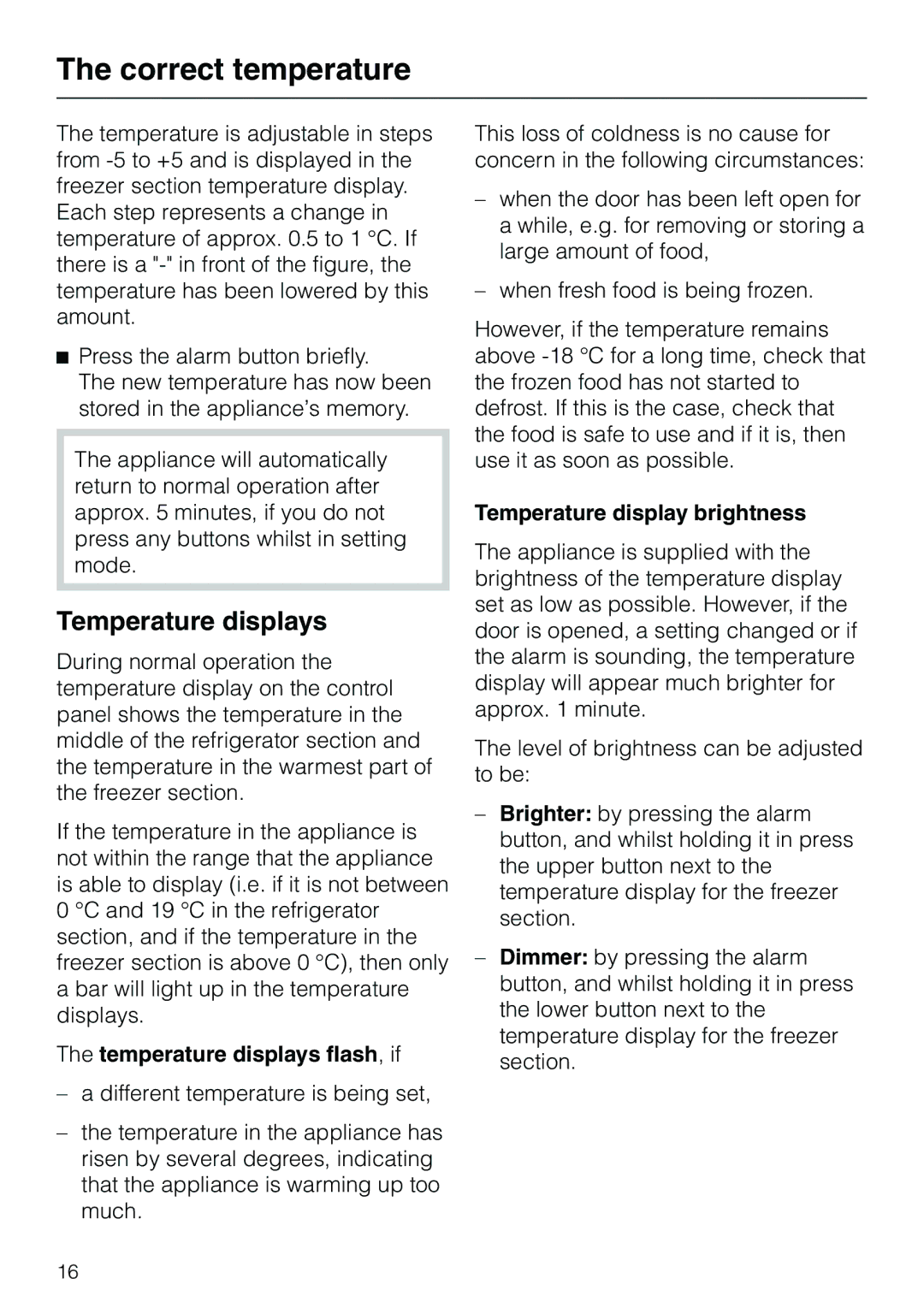 Miele KF 7540 SN installation instructions Temperature displays flash, if, Temperature display brightness 