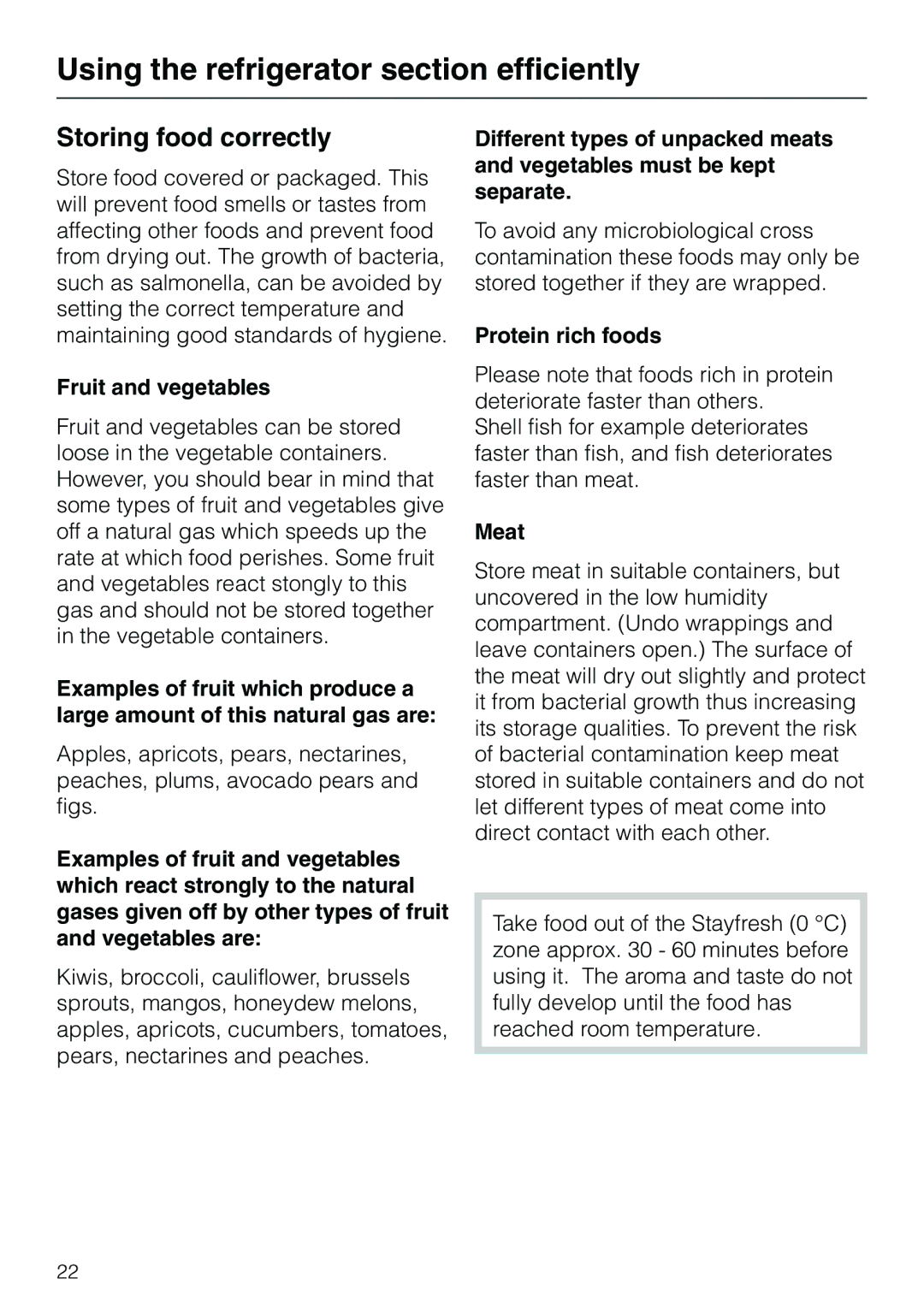 Miele KF 7540 SN installation instructions Storing food correctly, Fruit and vegetables, Protein rich foods, Meat 