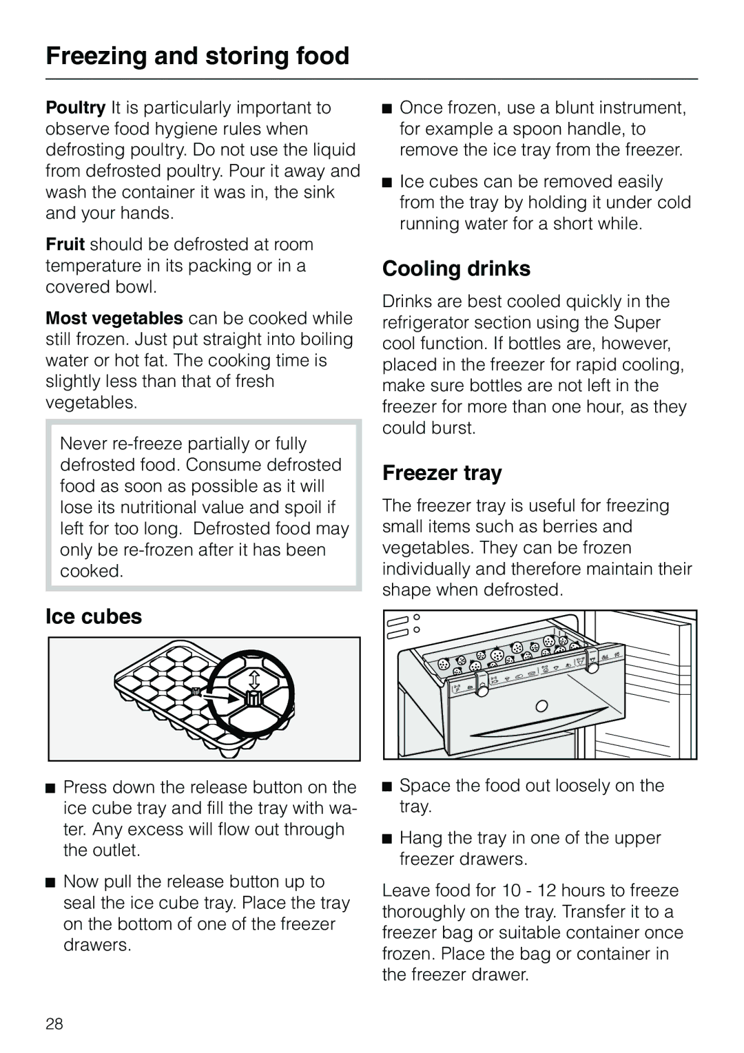 Miele KF 7540 SN installation instructions Ice cubes, Cooling drinks, Freezer tray 