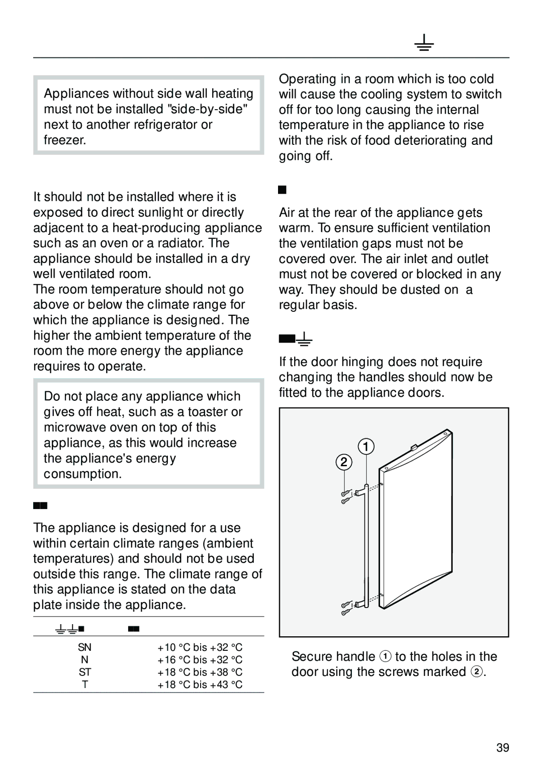 Miele KF 7540 SN installation instructions Installation, Location, Ventilation, Fitting the handles, Climate range 