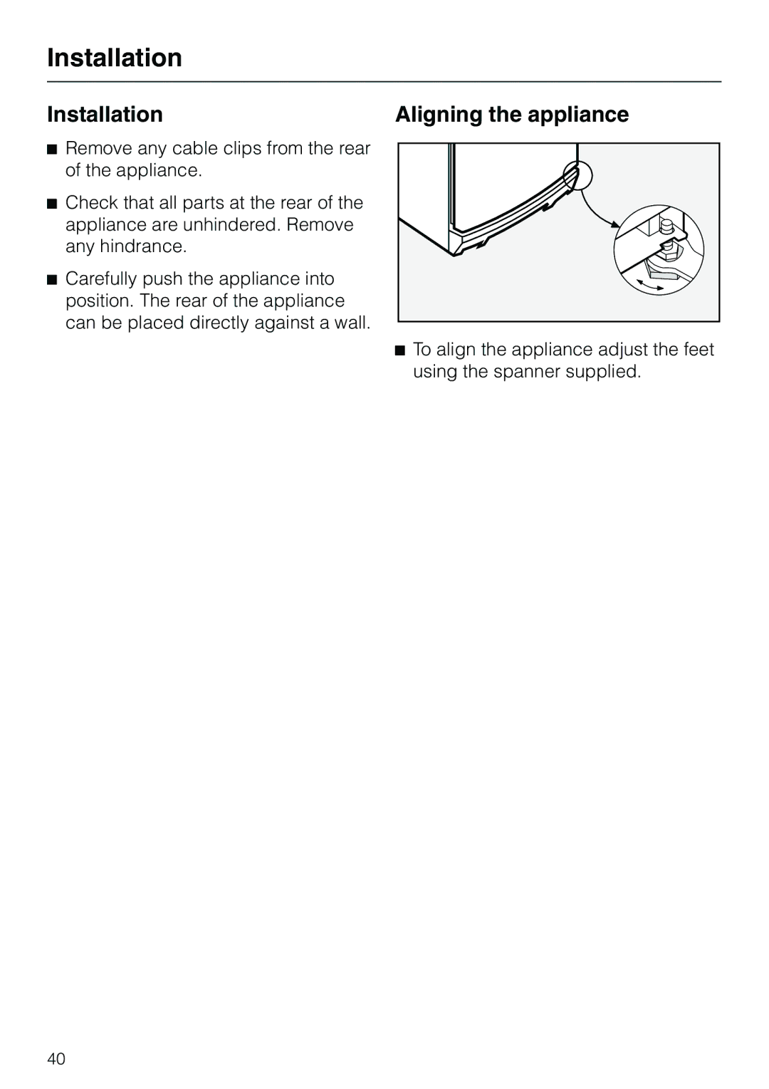 Miele KF 7540 SN installation instructions Installation Aligning the appliance 