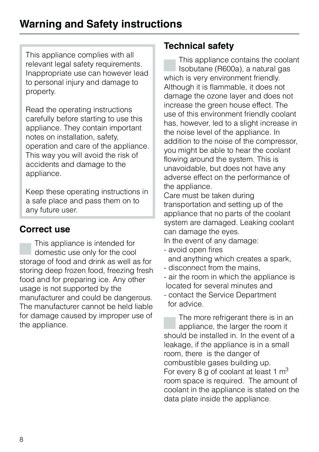 Miele KF 7540 SN installation instructions Correct use, Technical safety 