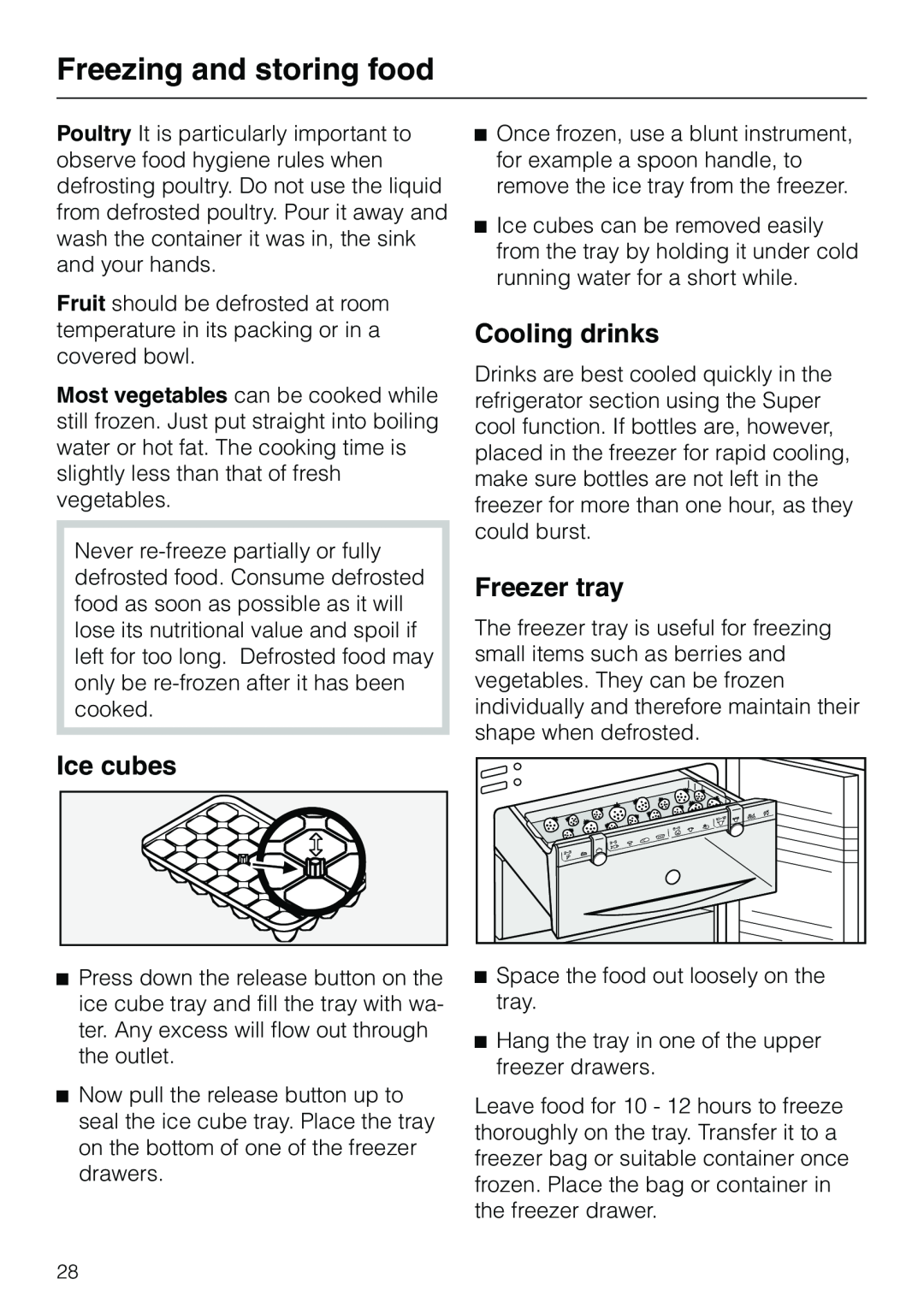 Miele KF 7540 SN installation instructions Ice cubes, Cooling drinks, Freezer tray, Freezing and storing food 