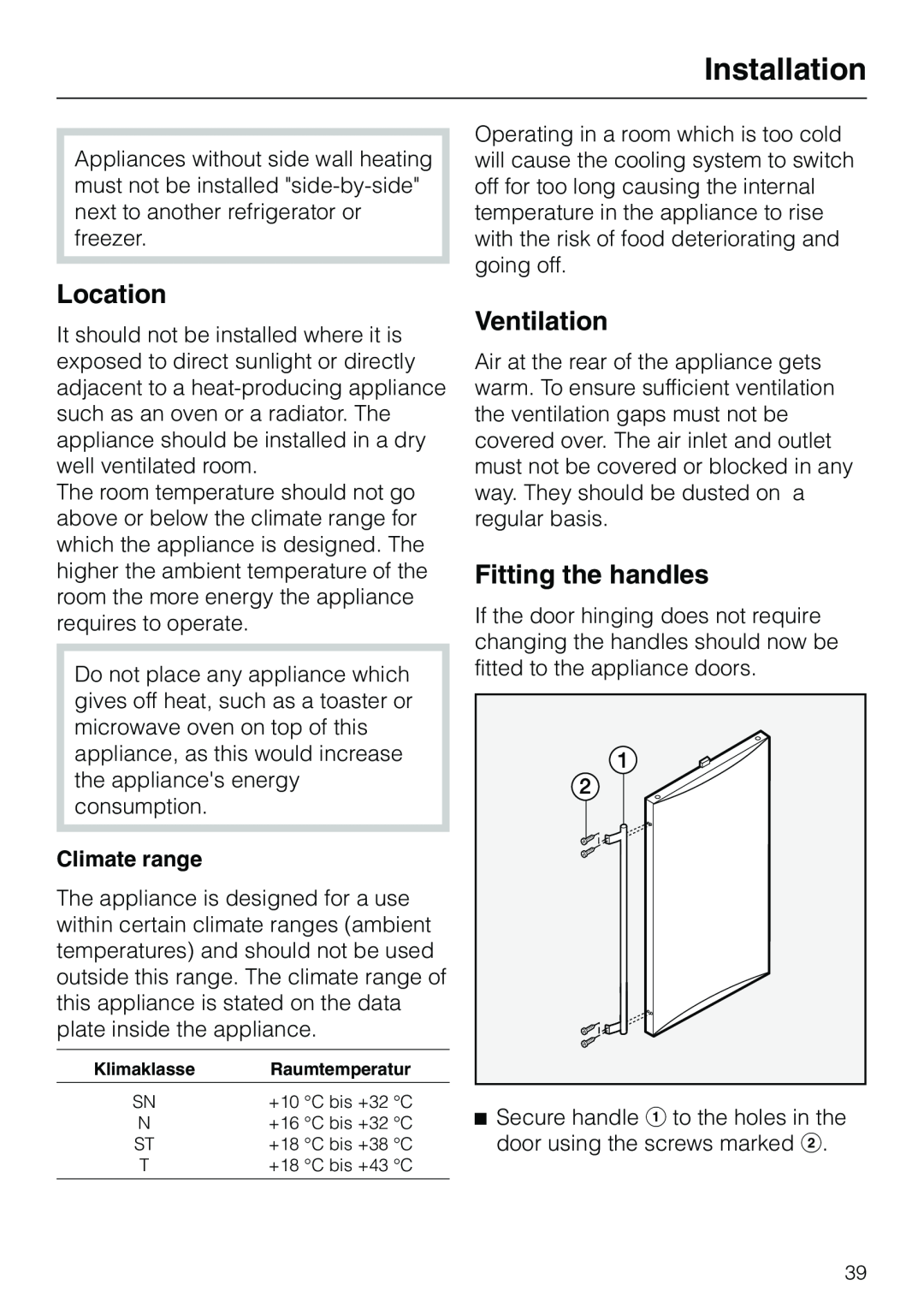 Miele KF 7540 SN installation instructions Installation, Location, Ventilation, Fitting the handles, Climate range 