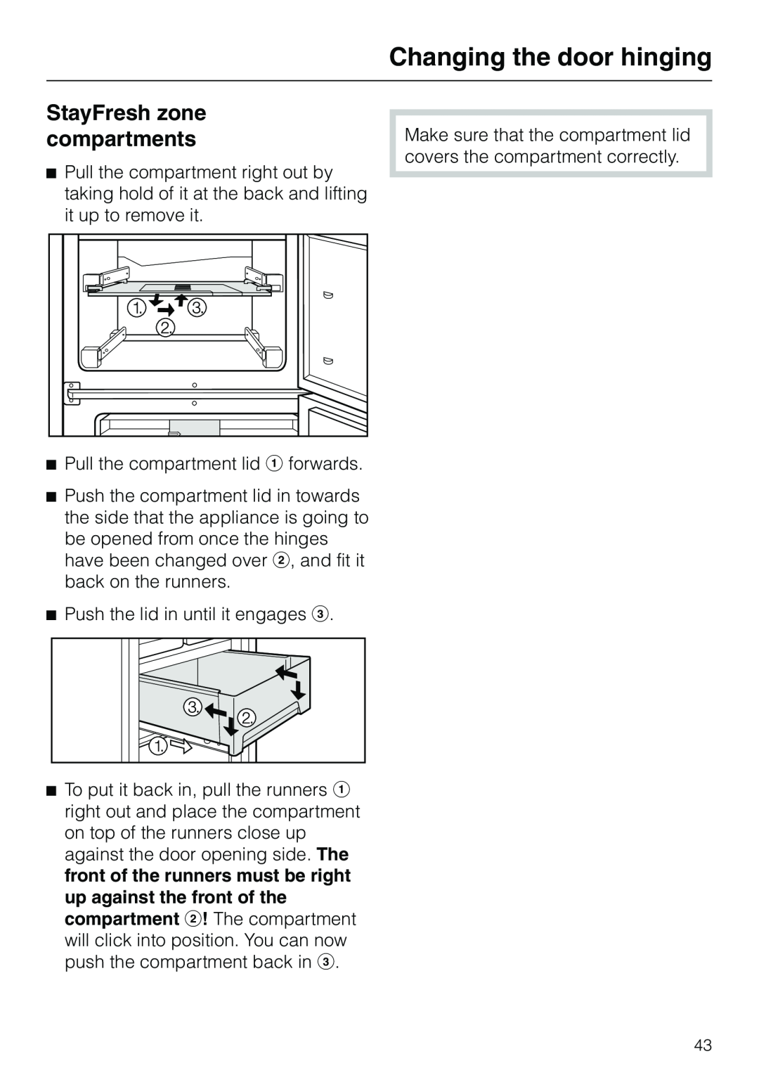Miele KF 7540 SN installation instructions StayFresh zone compartments, Changing the door hinging 