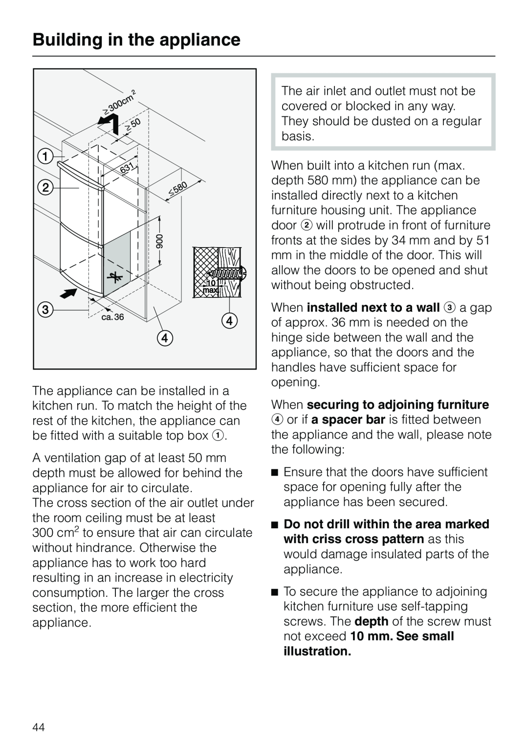 Miele KF 7540 SN installation instructions Building in the appliance, When securing to adjoining furniture 