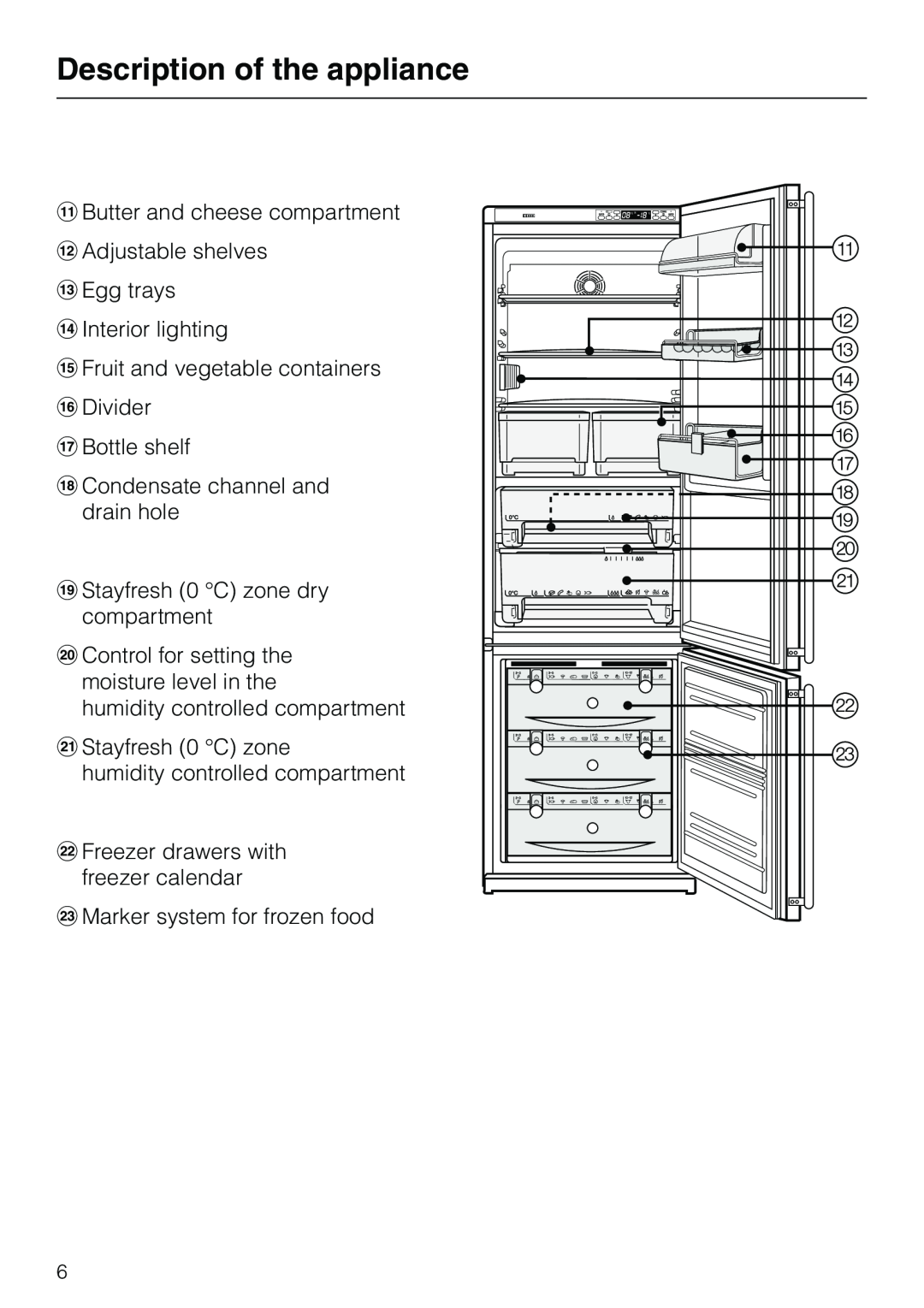 Miele KF 7540 SN installation instructions Description of the appliance, kButter and cheese compartment lAdjustable shelves 