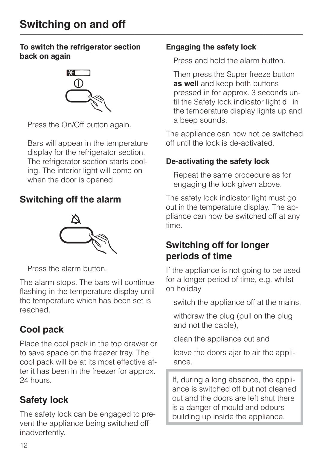 Miele KF 7544 Switching off the alarm, Cool pack, Safety lock, Switching off for longer periods of time 