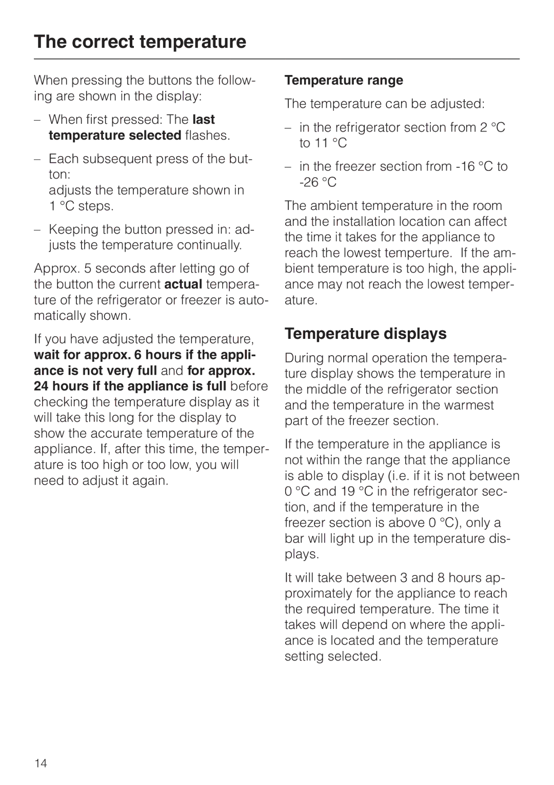 Miele KF 7544 installation instructions Temperature displays 