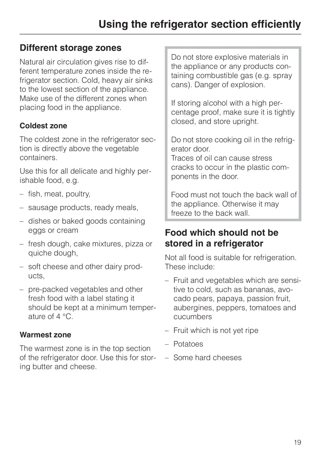 Miele KF 7544 Using the refrigerator section efficiently, Different storage zones, Coldest zone, Warmest zone 