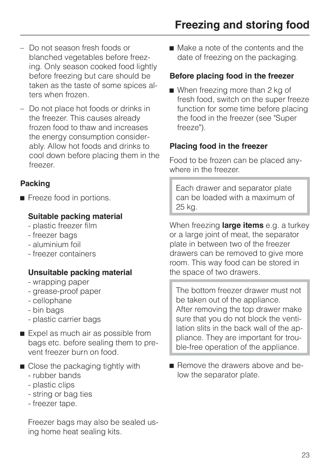 Miele KF 7544 Packing, Suitable packing material, Unsuitable packing material, Before placing food in the freezer 