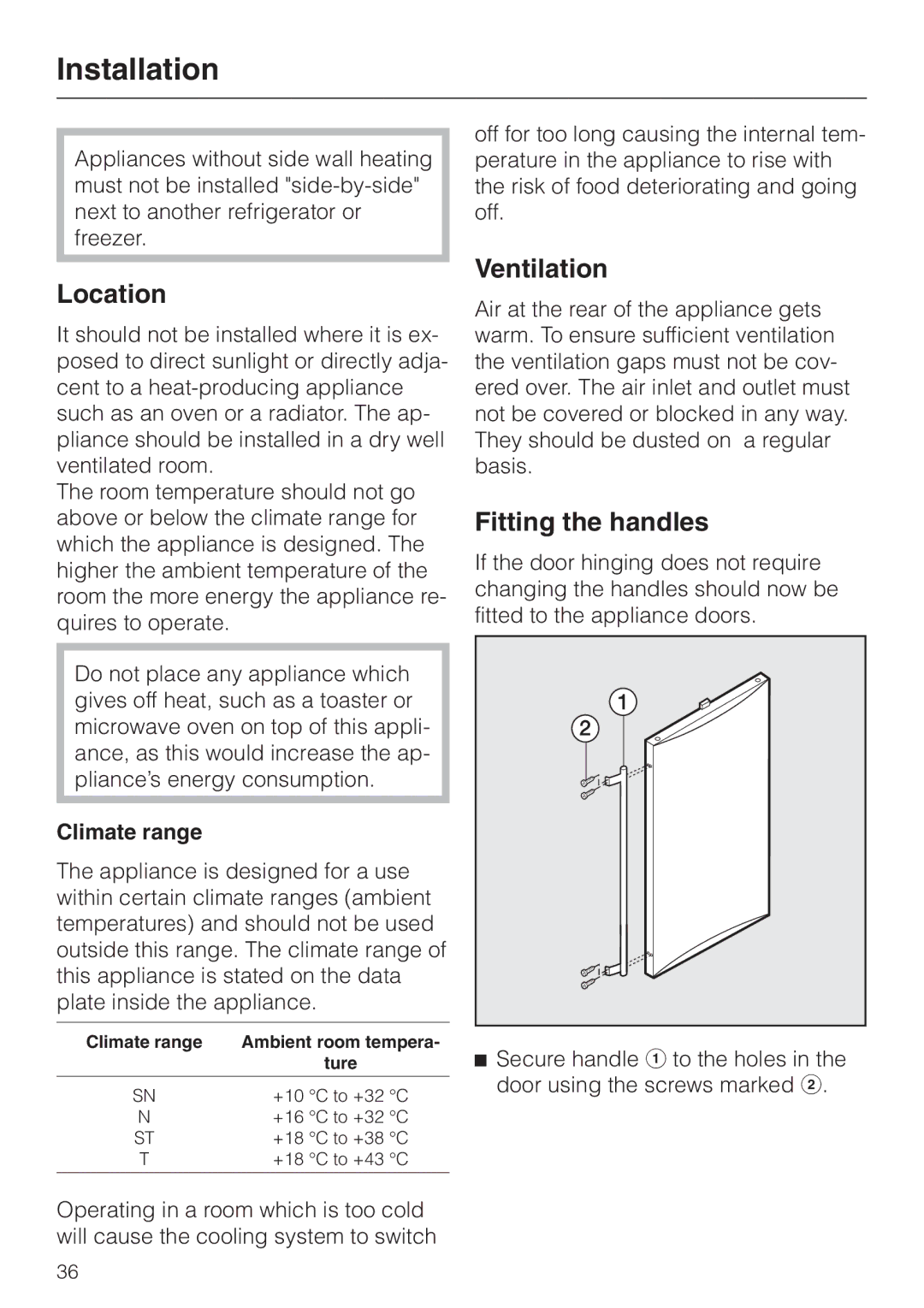 Miele KF 7544 installation instructions Installation, Location, Ventilation, Fitting the handles, Climate range 